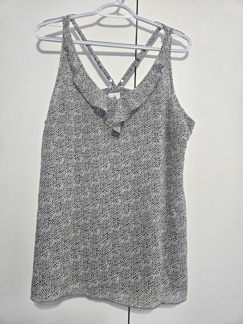Cabi Ruffle Front Cami Tank Top White Black Print Strappy Women's‎ L